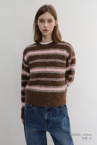 UNISEX STRIPED HAIRY SWEATER BROWN PINK