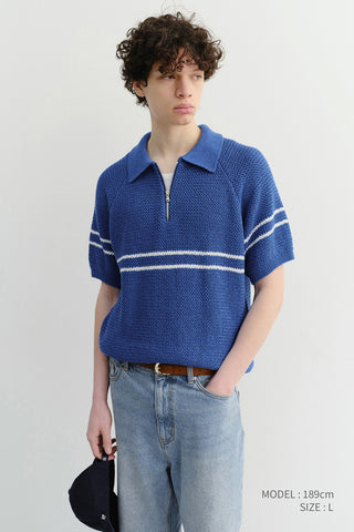 HALF ZIP-UP STRIPED POLO KNIT BLUE