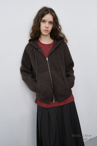 UNISEX HOODED KNIT CARDIGAN BROWN