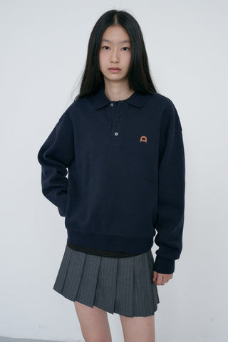 UNISEX LEATHER LOGO COLLARED T-SHIRT FRENCH NAVY