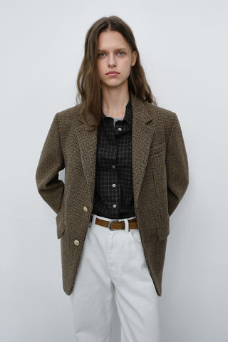 UNISEX CLASSIC 2 BUTTON WOOL BLAZER BROWN CHECK