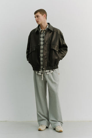 UNISEX LEATHER LOGO WIDE SWEAT PANTS MELANGE GREY