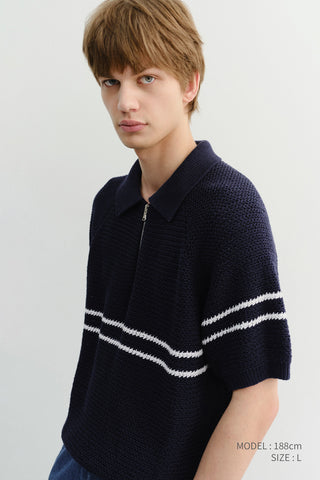 HALF ZIP-UP STRIPED POLO KNIT DARK NAVY