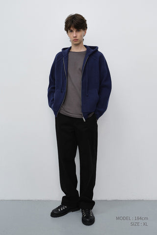 UNISEX HOODED KNIT CARDIGAN DARK BLUE