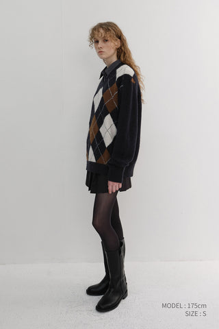 [SULLYOON PICK] UNISEX HAIRY ALPACA ARGYLE SWEATER NAVY
