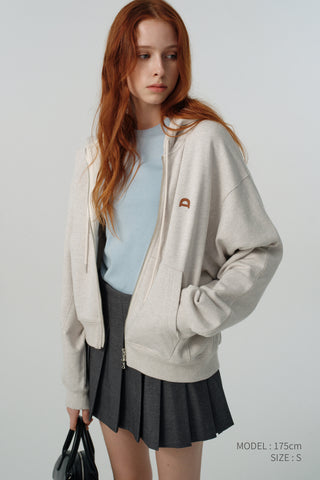 UNISEX LEATHER LOGO ZIP-UP HOODIE OATMEAL MELANGE