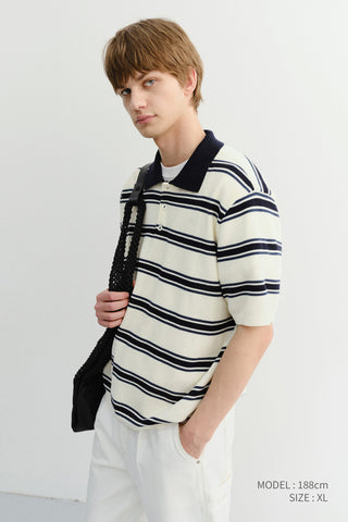 UNISEX MULTI STRIPED POLO KNIT CREAM NAVY