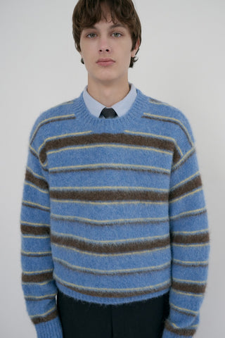 UNISEX STRIPED HAIRY SWEATER SOFT BLUE DEEP BROWN