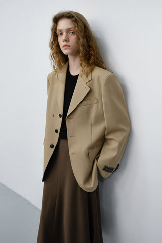 UNISEX REFINED MASCULINE WOOL BLAZER CARAMEL BEIGE