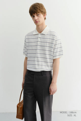UNISEX STRIPED POLO KNIT WHITE SOFT BLUE