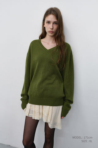 UNISEX CASHMERE V-NECK SWEATER OLIVE GREEN