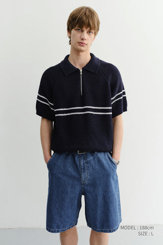 HALF ZIP-UP STRIPED POLO KNIT DARK NAVY