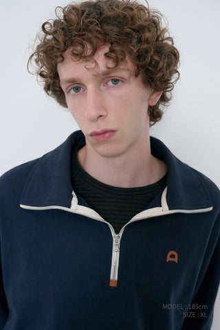 UNISEX LEATHER LOGO HALF ZIP-UP SWEATSHIRT FRENCH NAVY