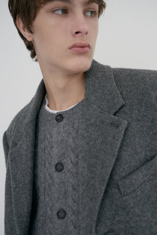 UNISEX HAIRY CABLE CREW NECK CARDIGAN MELANGE GREY