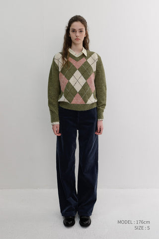UNISEX HAIRY ALPACA ARGYLE SWEATER OLIVE KHAKI