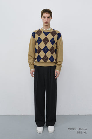 UNISEX ARGYLE CREWNECK SWEATER CAMEL BEIGE