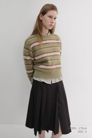UNISEX STRIPED HAIRY SWEATER OLIVE PINK