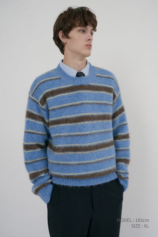 UNISEX STRIPED HAIRY SWEATER SOFT BLUE DEEP BROWN