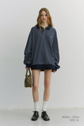 UNISEX STRIPED LOGO COLLARED T-SHIRT NAVY