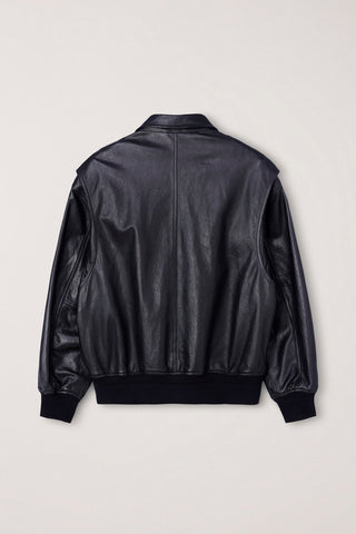 UNISEX STAND COLLARED LEATHER BLOUSON BLACK