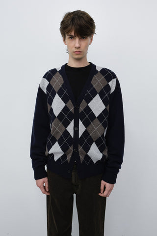 UNISEX V-NECK ARGYLE CARDIGAN NAVY