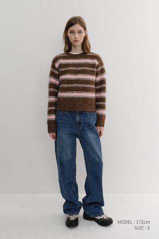 UNISEX STRIPED HAIRY SWEATER BROWN PINK