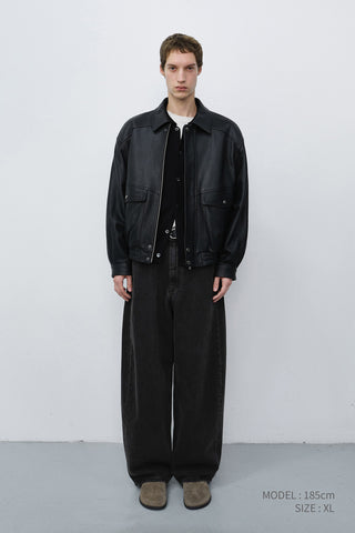UNISEX OVERSIZED VINTAGE LEATHER BLOUSON BLACK