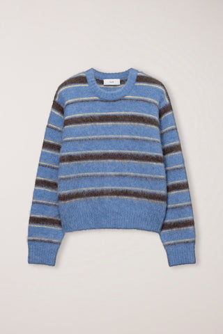 UNISEX STRIPED HAIRY SWEATER SOFT BLUE DEEP BROWN