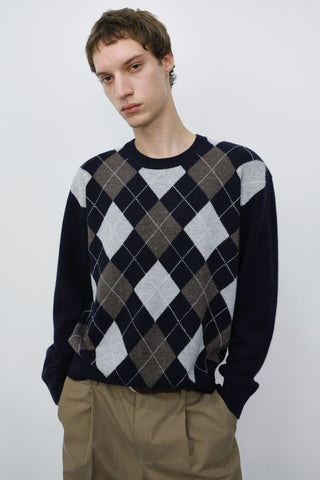 UNISEX ARGYLE CREWNECK SWEATER NAVY