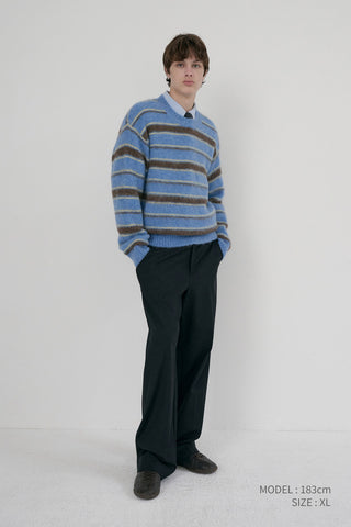 UNISEX STRIPED HAIRY SWEATER SOFT BLUE DEEP BROWN