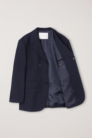 UNISEX REFINED MASCULINE WOOL BLAZER NAVY STRIPE