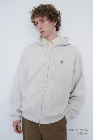 UNISEX LEATHER LOGO ZIP-UP HOODIE OATMEAL MELANGE