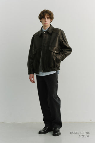 UNISEX OVERSIZED VINTAGE LEATHER BLOUSON BLACK