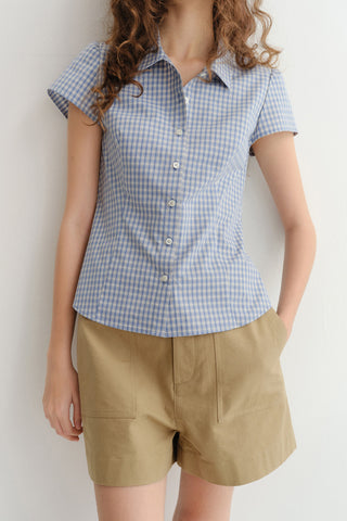 VINTAGE CAP SLEEVE SLIM SHIRT SOFT BLUE CHECK