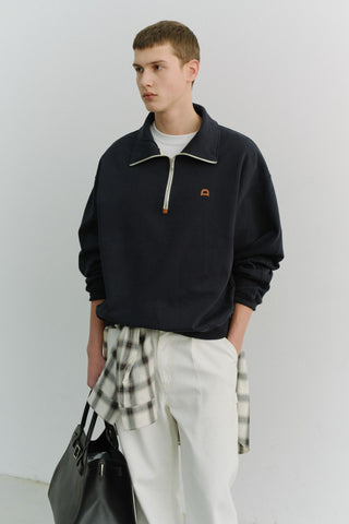 UNISEX LEATHER LOGO HALF ZIP-UP SWEATSHIRT FRENCH NAVY
