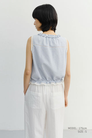 FRILL SLEEVELESS BLOUSE SOFT BLUE CHECK