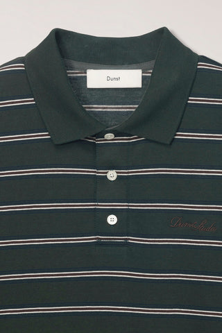 UNISEX MULTI STRIPE COLLARED T-SHIRT FOREST GREEN STRIPE