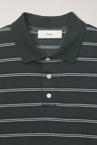 UNISEX MULTI STRIPE COLLARED T-SHIRT FOREST GREEN STRIPE