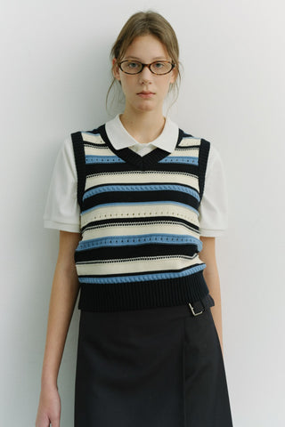 UNISEX CRAFTED STRIPED KNIT VEST NAVY CREAM