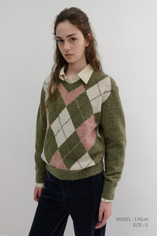 UNISEX HAIRY ALPACA ARGYLE SWEATER OLIVE KHAKI