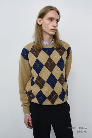 UNISEX ARGYLE CREWNECK SWEATER CAMEL BEIGE
