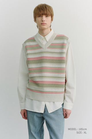 UNISEX CRAFTED STRIPED KNIT VEST IVORY MINT
