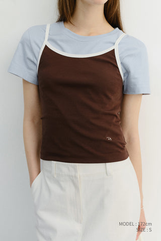 2-TONE TRIM SLEEVELESS TOP BROWN IVORY