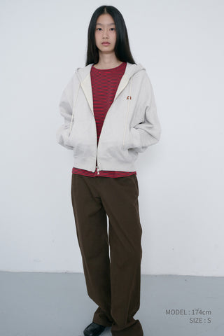 UNISEX LEATHER LOGO ZIP-UP HOODIE OATMEAL MELANGE