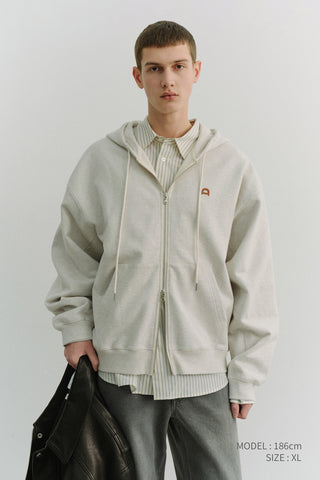 UNISEX LEATHER LOGO ZIP-UP HOODIE OATMEAL MELANGE