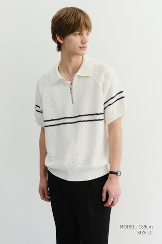 HALF ZIP-UP STRIPED POLO KNIT WHITE