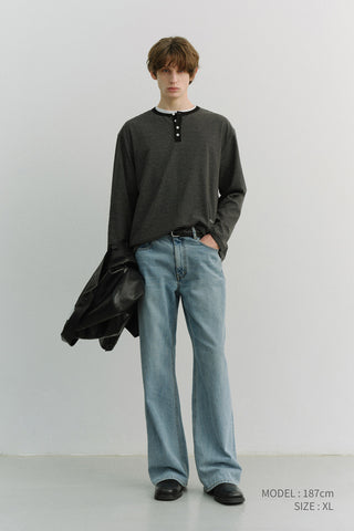 UNISEX HENLEY-NECK T-SHIRT BLACK STRIPE