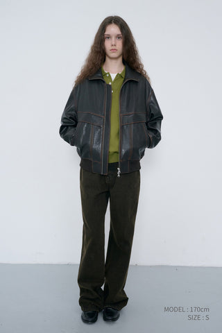 UNISEX STAND COLLARED LEATHER BLOUSON BRUSHED BROWN