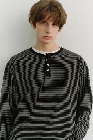 UNISEX HENLEY-NECK T-SHIRT BLACK STRIPE