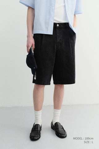 PLEATED BERMUDA DENIM SHORTS BLACK